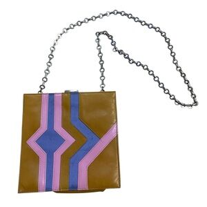 Cynthia Rowley Tan Leather Retro Ribbon Design Purse w/ Silver Tone Chain Strap